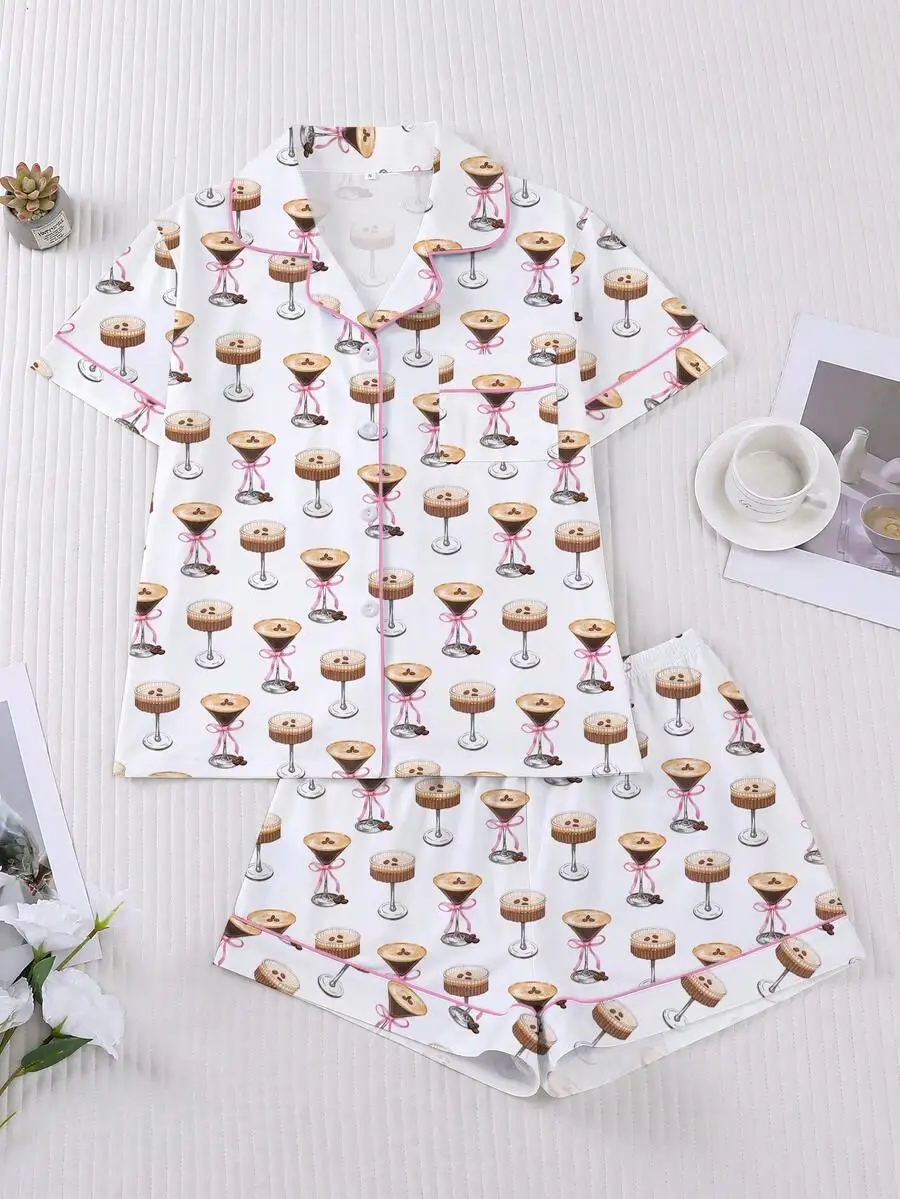 

2pcs Women Sleepwear Set Coffee Print Soft Fabric Short Sleeve Button Up Top And Elastic Shorts Loungewear