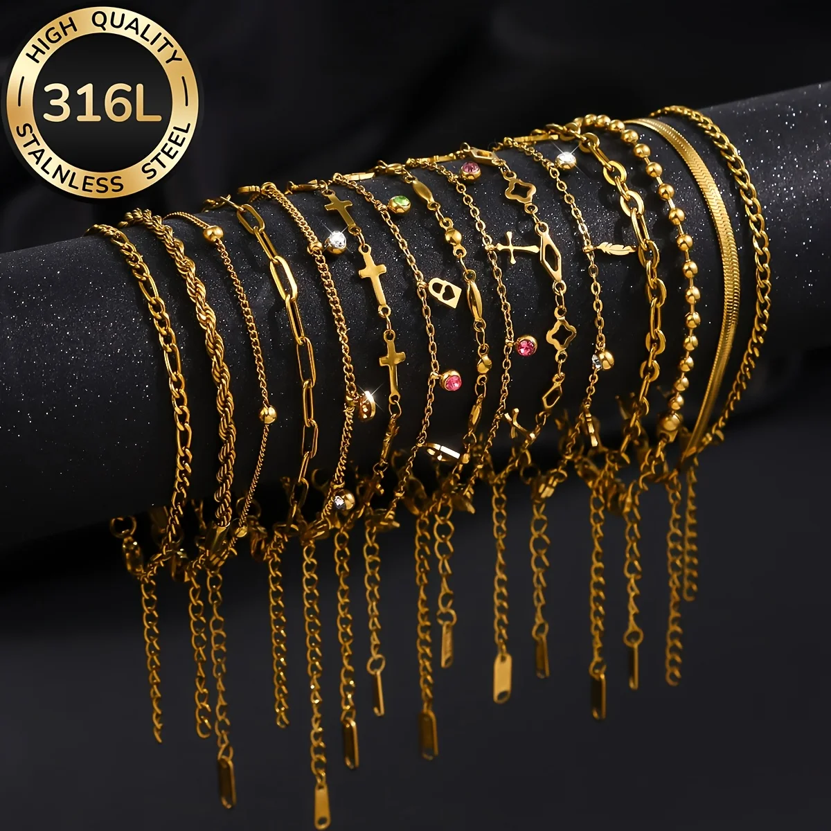 Random 8-Piece Set of Women's Fashionable 18K Gold-Plated Stainless Steel Bracelets, Elegant and Luxurious Women's Jewelry Set, Stylish and Unique Design, Suitable for All Seasons