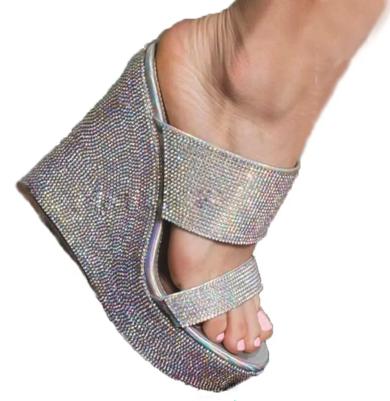 

Women Laser silver Bling Bling Rhinestone Platform Wedge Sandals Slip-on Open Toe Multi Crystal Wedge Heel Slippers Dress Shoes