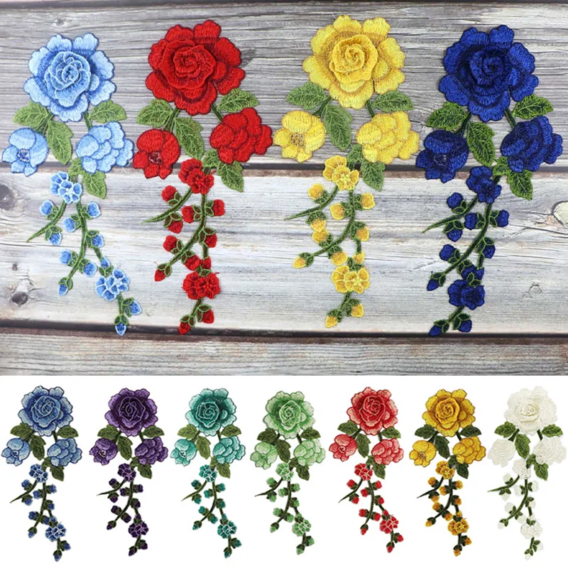 Polyester Embroidered Rose Flower Patterns Patches Sew On Clothes Dress Badge Fabric Stitch Repair Sticker Applique Accessories