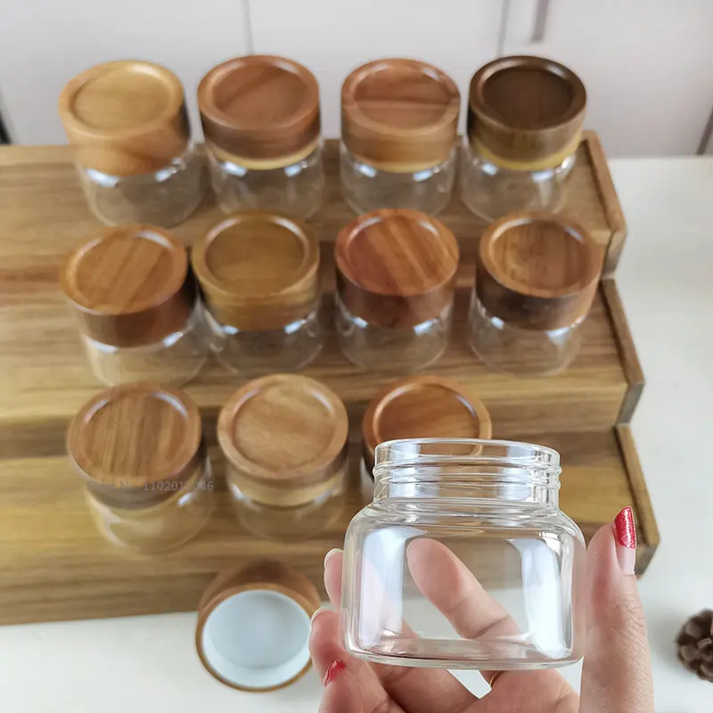 1-6PCS Glass Storage Jars Set with Bamboo Lid Clear Glass Seasoning Container with Labels 6oz Spice Canisters Airtight Seasoning