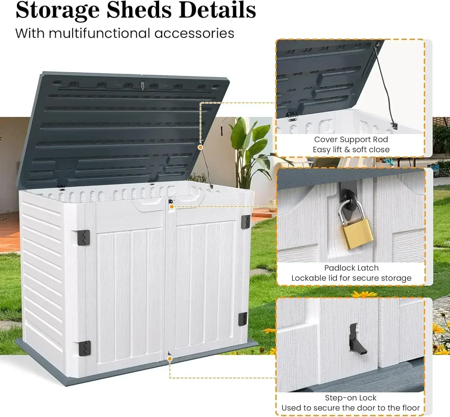 Outdoor Storage Cabinet 35 Cu Ft, Resin Horizontal Outdoor Trash Can Storage Box Lockable Shed 4 x 2 ft for Garbage, Garden