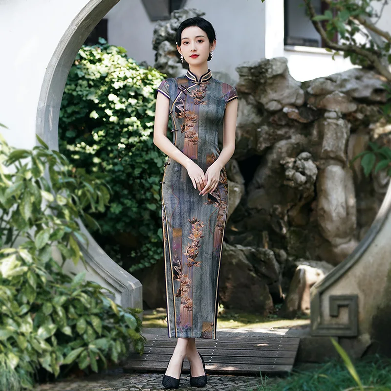 New Silk High Quality Real Silk Dress Cheongsam Qipao Catwalk Long Women's Summer High-End Retro Fashion  Short Sleeve