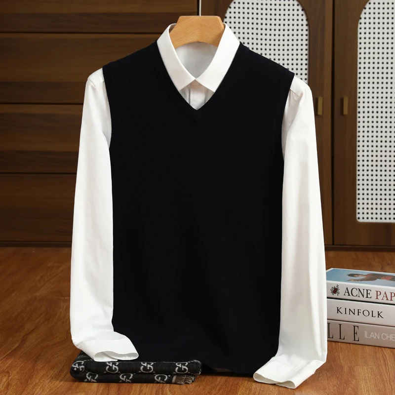 2025 New Men's knitted Business Vest Australia Pure Wool Pullover Sweater Casual High-quality Solid Color V-Neck Loose Tops
