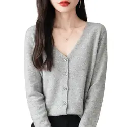 Cardigans for Women's Sweater 100% Merino Wool Cardigan Autunm Winter V Neck Vintage Soft Long Sleeve Knit Sweaters y2k Clothing
