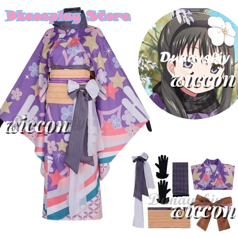 Anime Akemi Homura Cosplay Kimono Puella Magi Madoka Magica Costume Printed uniform Dress Wig Set Party Play Outfit for Women