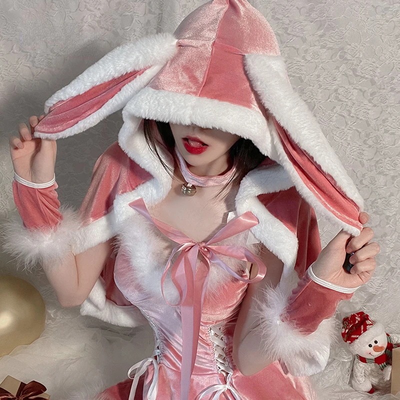 

Pink Women Christmas Nightdress Sexy Lingerie Set Santa V-neck Dress Party Plush Costumes Cosplay Bunny Girl Cute Cloak
