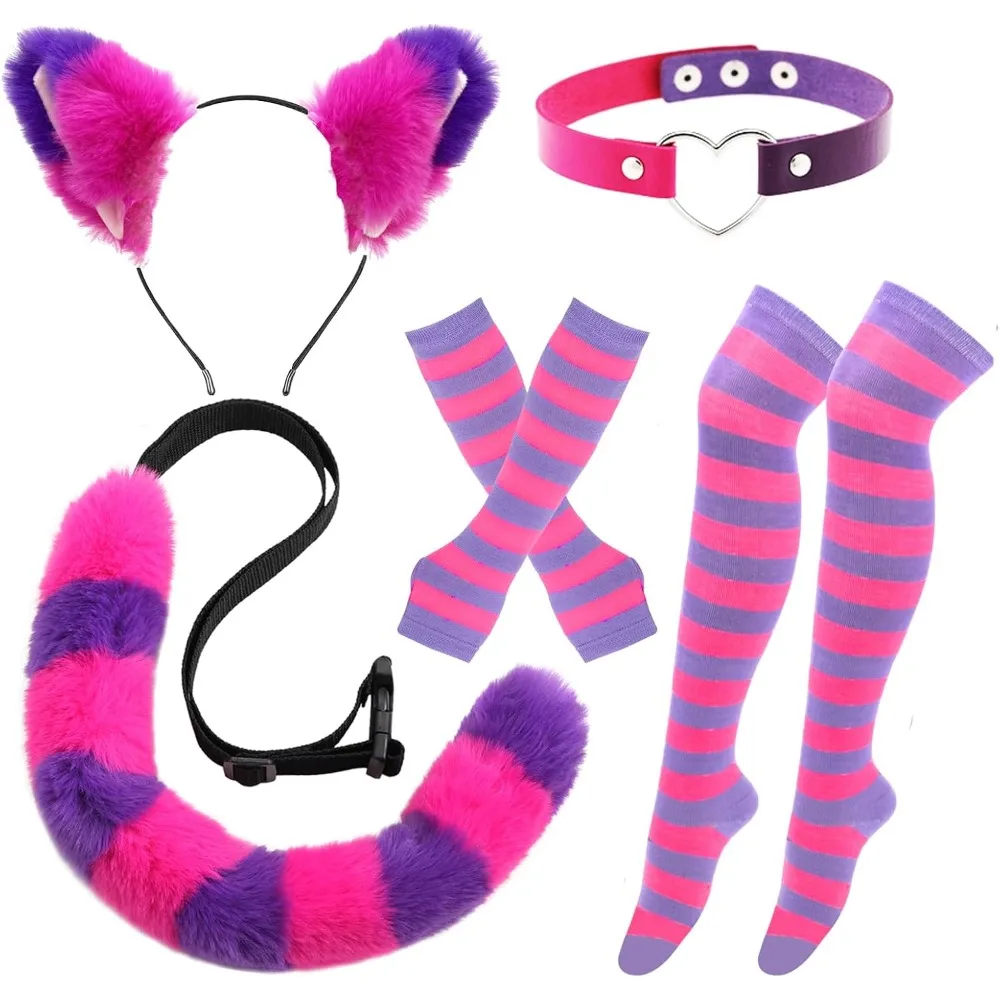 

Pink and Purple Striped Cat Costume Set, Include Cat Ears Headband Furry Tail Gloves Socks Collar for Cosplay Dress up, 5Pcs