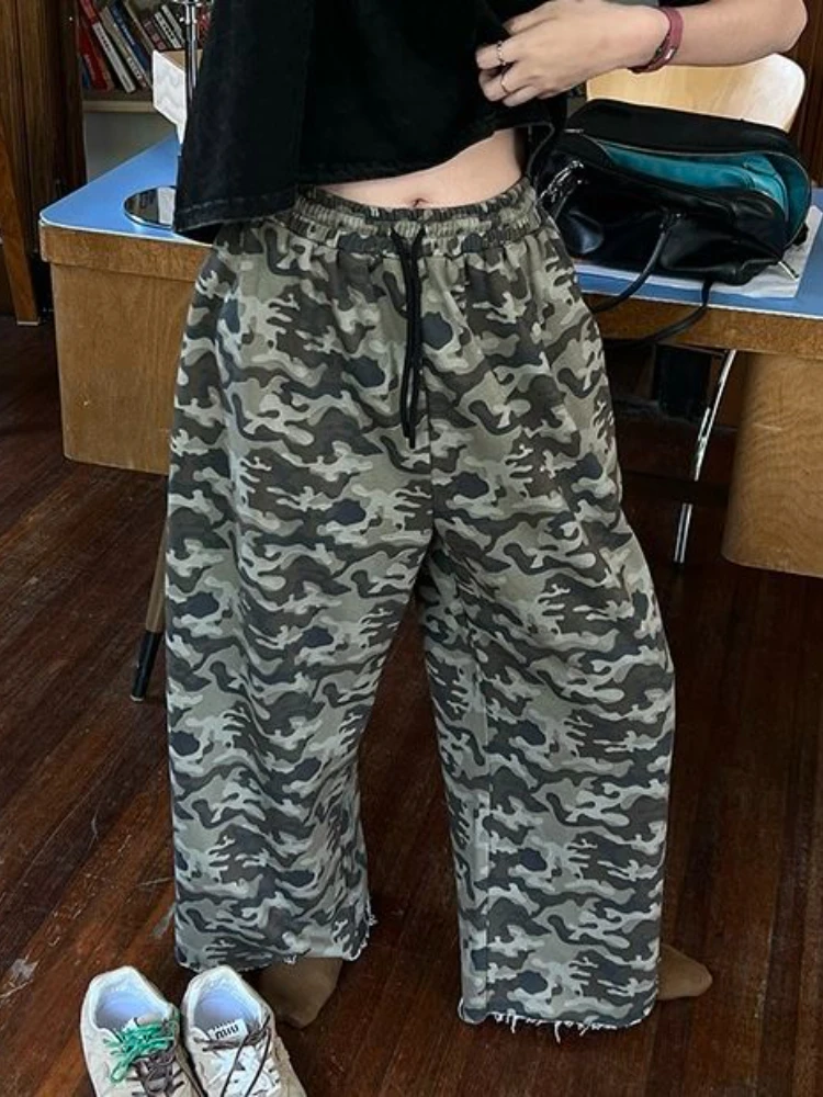 HOUZHOU-pantalones de camuflaje de pierna ancha para mujer, pantalones de chándal Vintage de gran tamaño, pantalones de camuflaje holgados