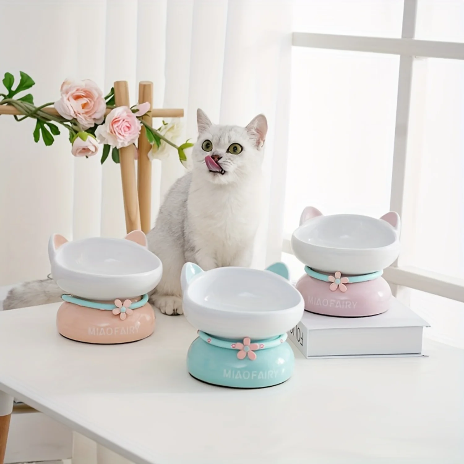 Elevated Ceramic Cat Bowl - Neck-Friendly, Slanted Design for Cats & Small Dogs - Promotes Comfortable Dining