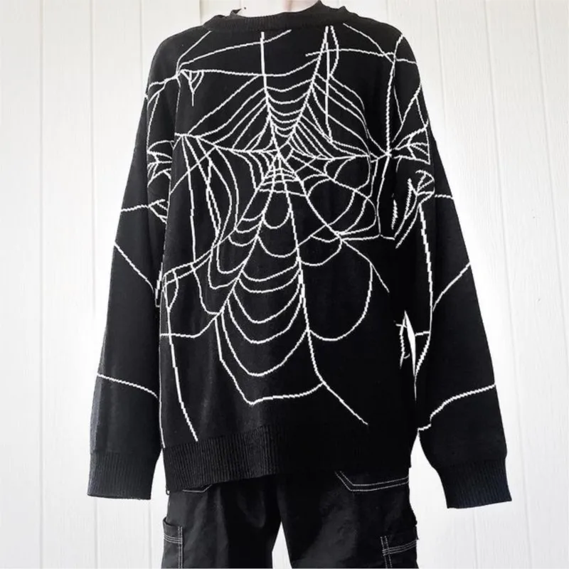 Gothic Sweater Spider Web Print Dark Knit Top Sweater Punk Vintage Streetwear Oversized Fairy Grunge Knitting Winter 2022Clothes