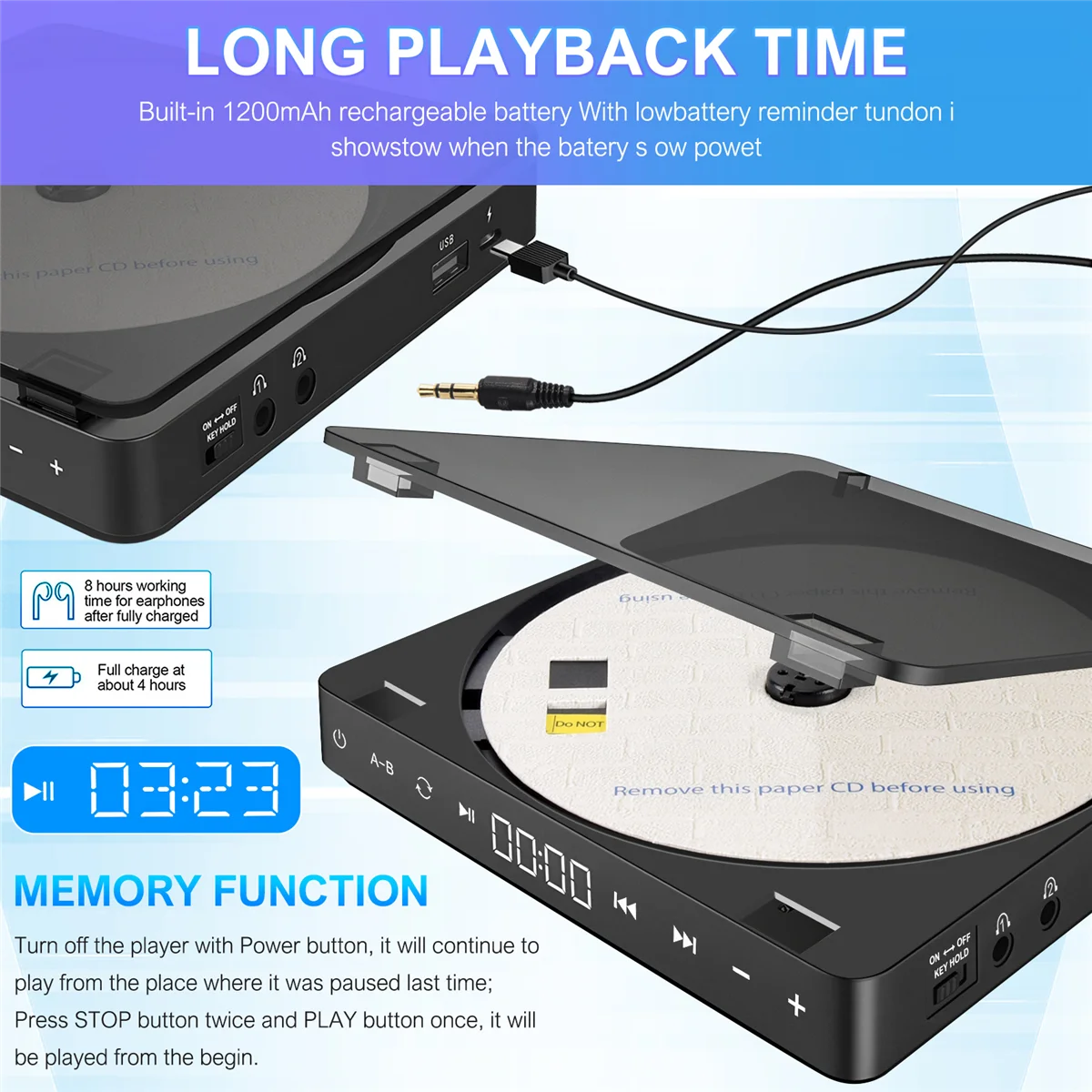 

B49CCompact Sports Портативный проигрыватель компакт-дисков Сенсорная кнопка Перезаряжаемый проигрыватель дисков Репродуктор CD Двойные наушники CD Walkman