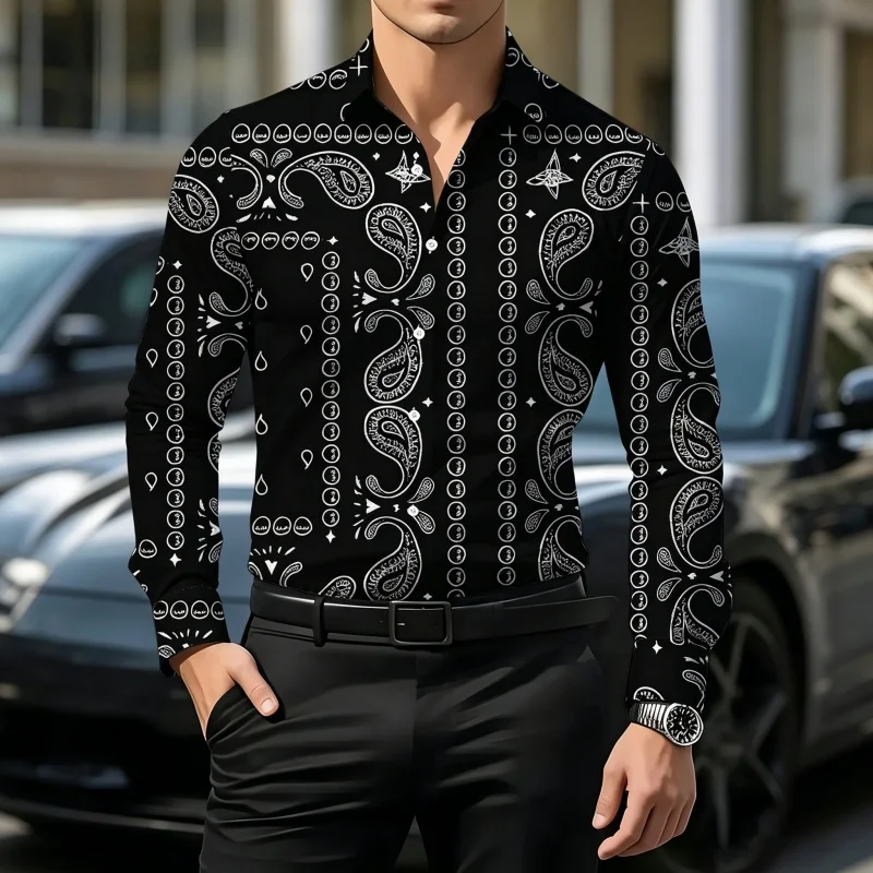 Men's Shirt Long Sleeve Spring Autumn Gradient Suede Texture Leopard Splicing Print Lapel Button‑Up Business Top Mens Clothing
