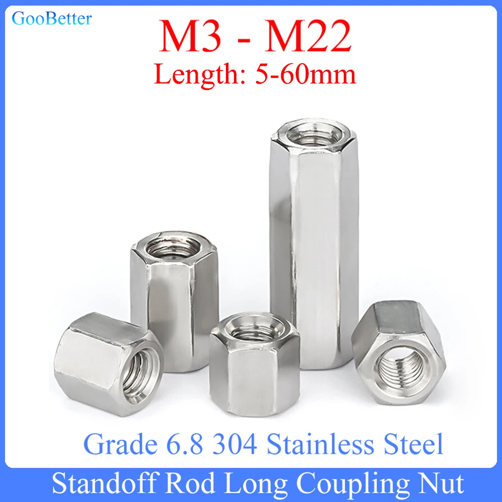 

2/5/10/20Pcs M3 M4 M5 M6 M8 M10 M12 M14 M16 M18 M20 M22 304 Stainless Steel Hex Standoff Spacer Long Rod Coupling Hex Nuts Bolts