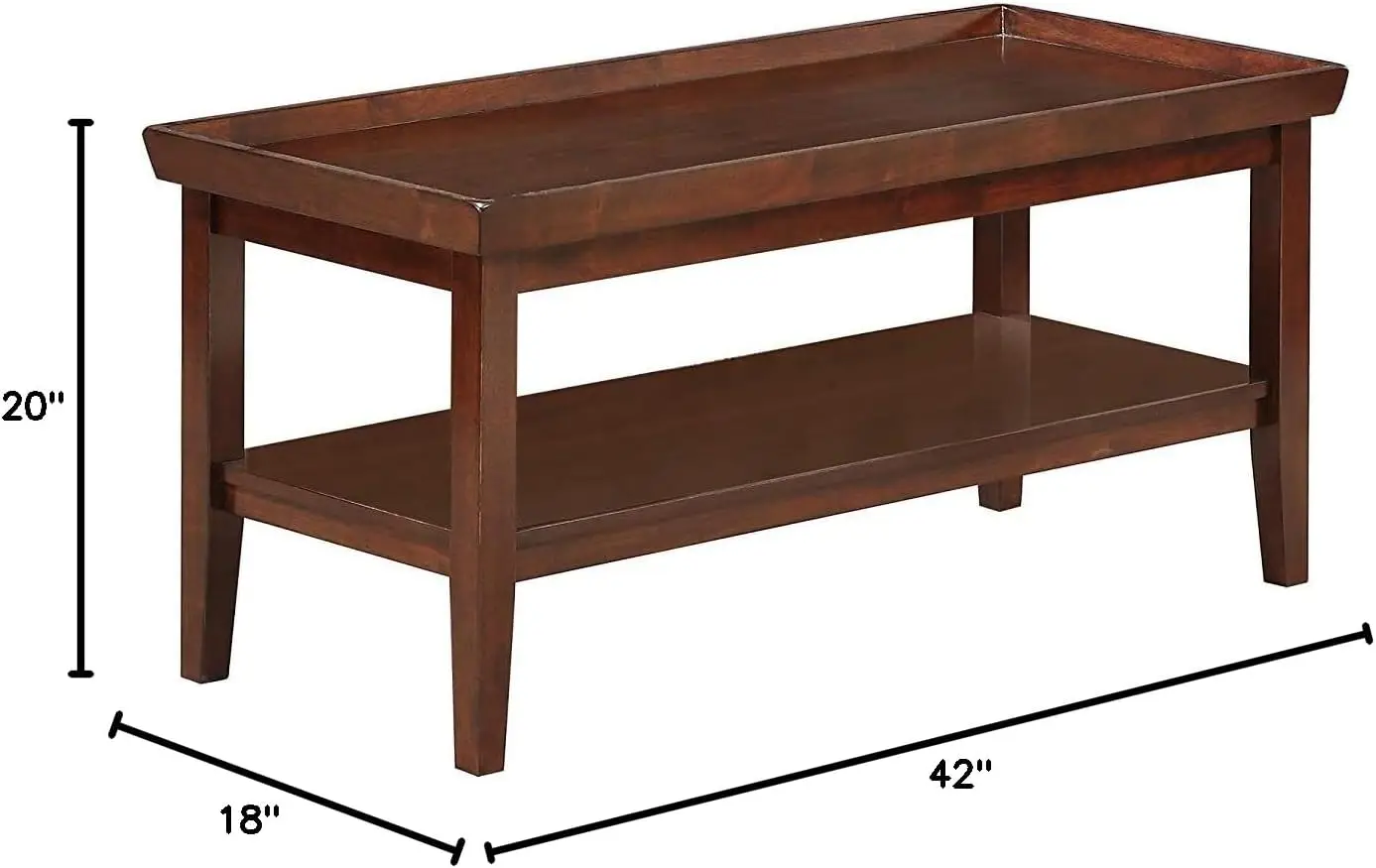 Table basse avec étagère, construction en caoutchouc massif, bords surélevés en escalier, pieds coniques avec lignes propres