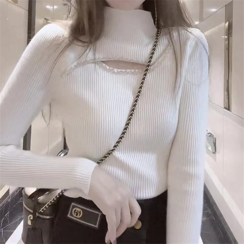 Elegant Chic Sexy Hollow Half High Collar Diamonds Basic Knitwear Fall Winter Fashion Slim Long Sleeve Solid Pullover Top Female