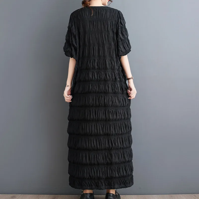 #6595 Pleated Long Dress Half Sleeve Loose Straight Vintage Dress V-neck Ankle-length Ladies Dresses Spring Summer