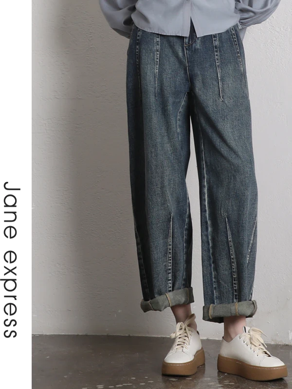 

Свободные повседневные синие джинсы с высокой талией и широкими штанинами, весенняя новинка, винтажные синие джинсы, женские джинсовые брюки