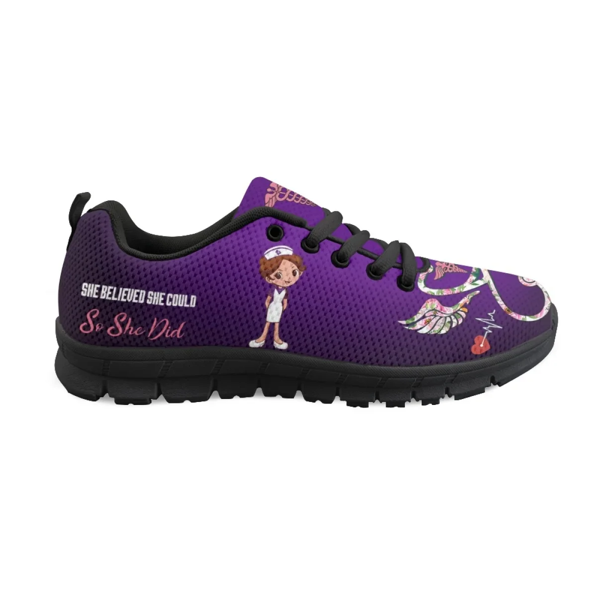 Kawaii Nurse Girls Medical Assistant Purple Pattern Lekkie płaskie buty dla kobiet Casual Nurse Sneakers Custom