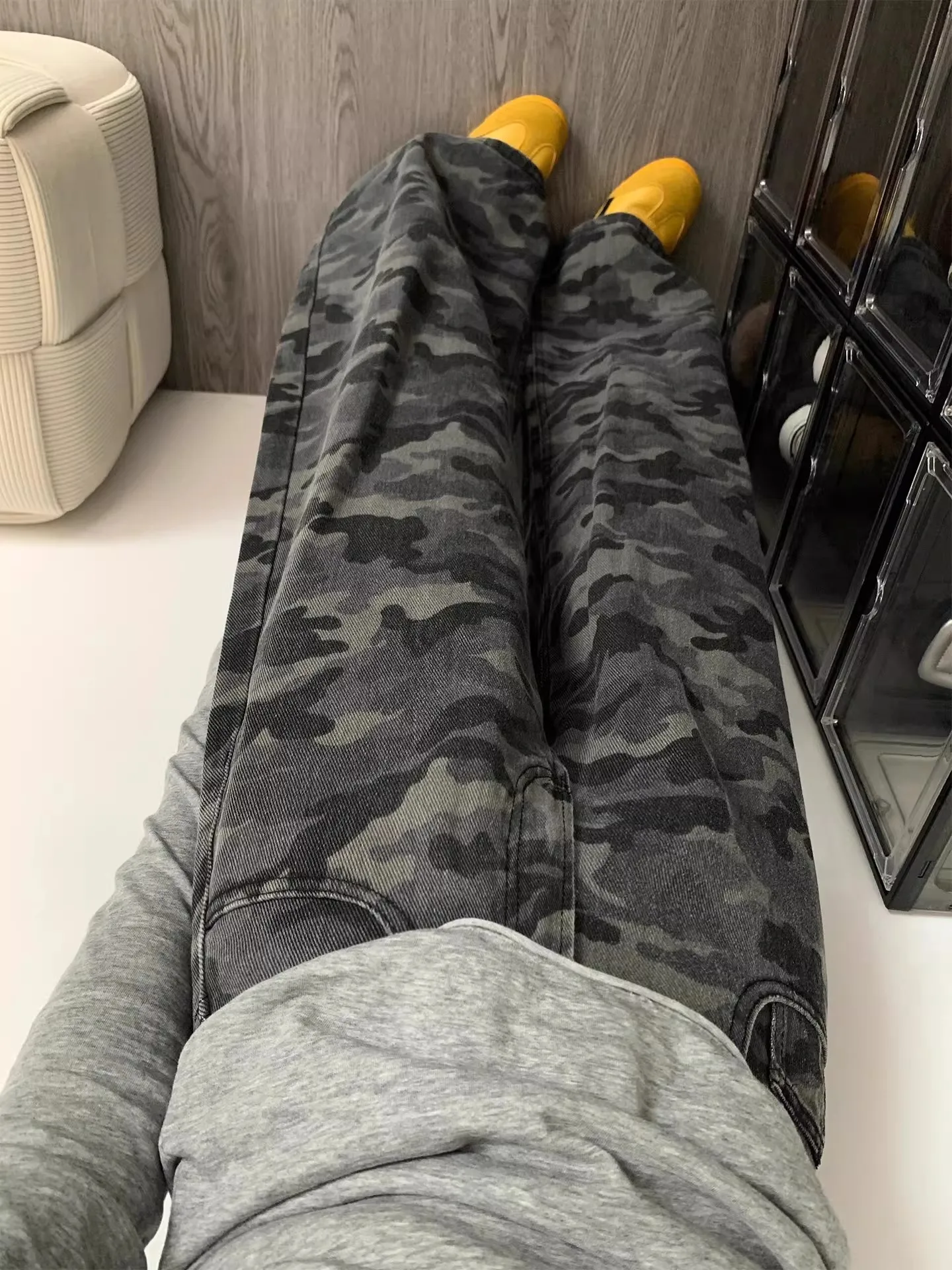 

American Retro Camouflage Bell Bottom Jeans Women's Autumn Winter New Slimming Straight Leg Floor Length Bell Bottom Jeans