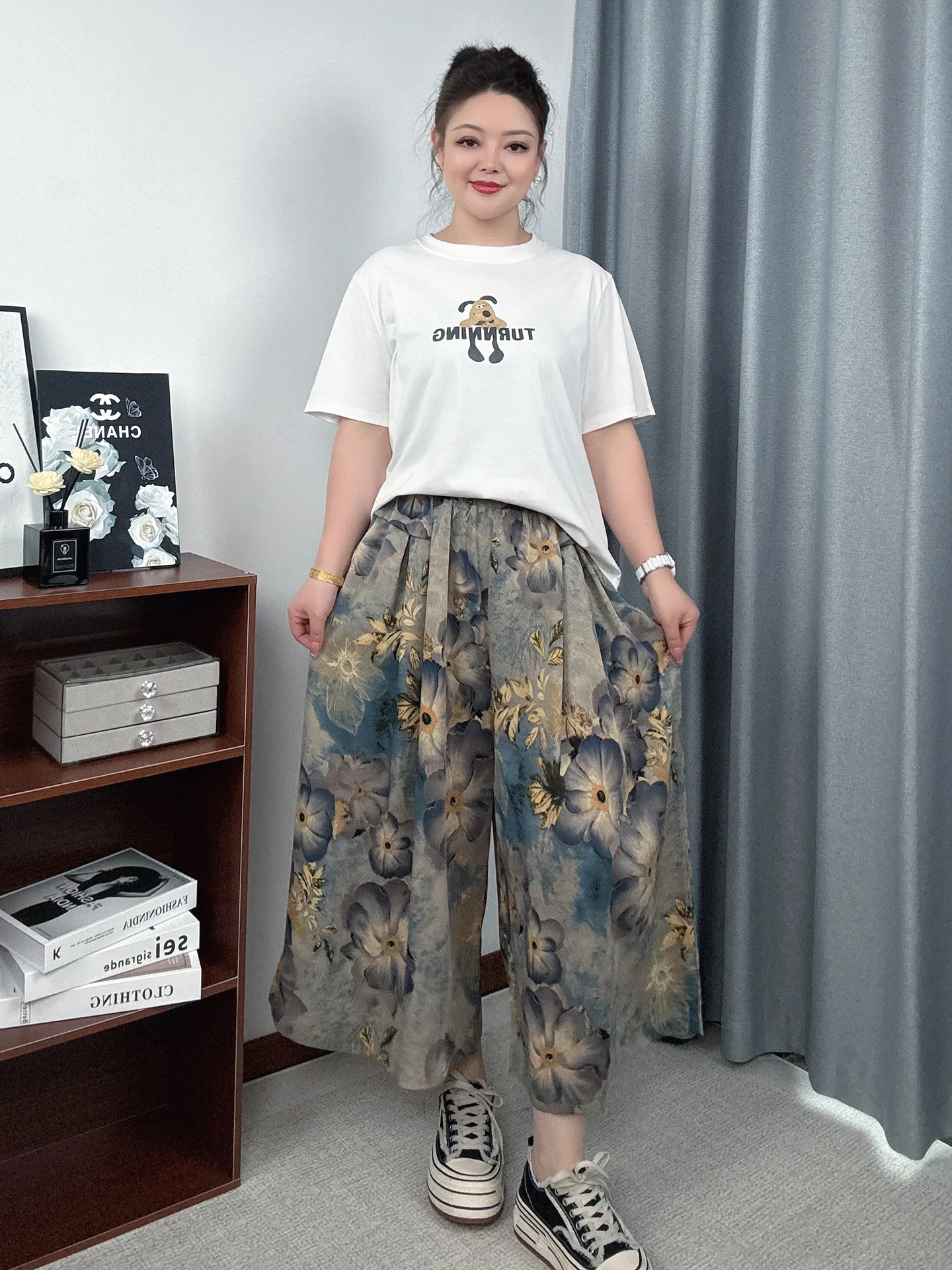 

Свободные повседневные брюки-палаццо женские больших размеров с эластичным поясом, с принтом, тонкие, охлаждающие, весна-лето, юбка-брюки