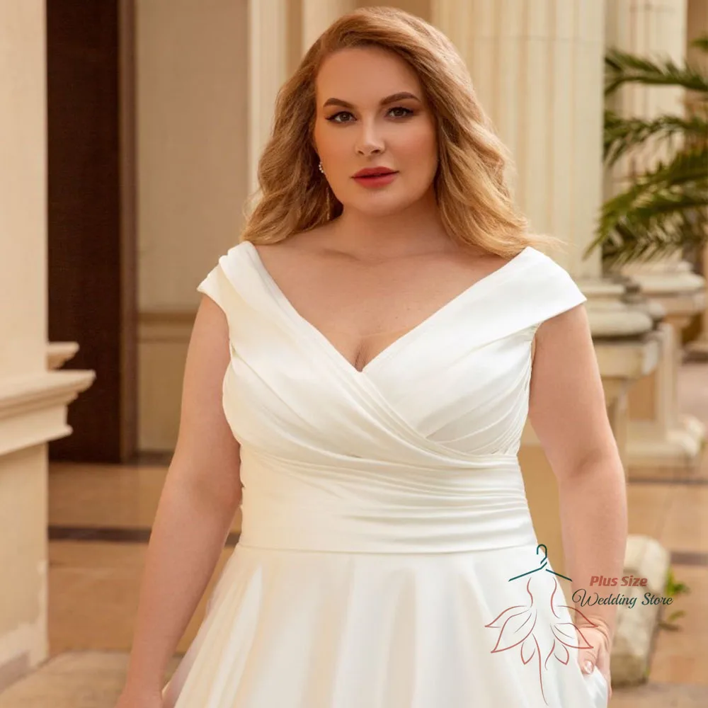 Elegante Trouwjurk Voor Vrouwen Plus Size Satijn V-Hals Van De Schouder Bruid Jurk Veters Up Sweep Trein A-Lijn Robe De Mariée