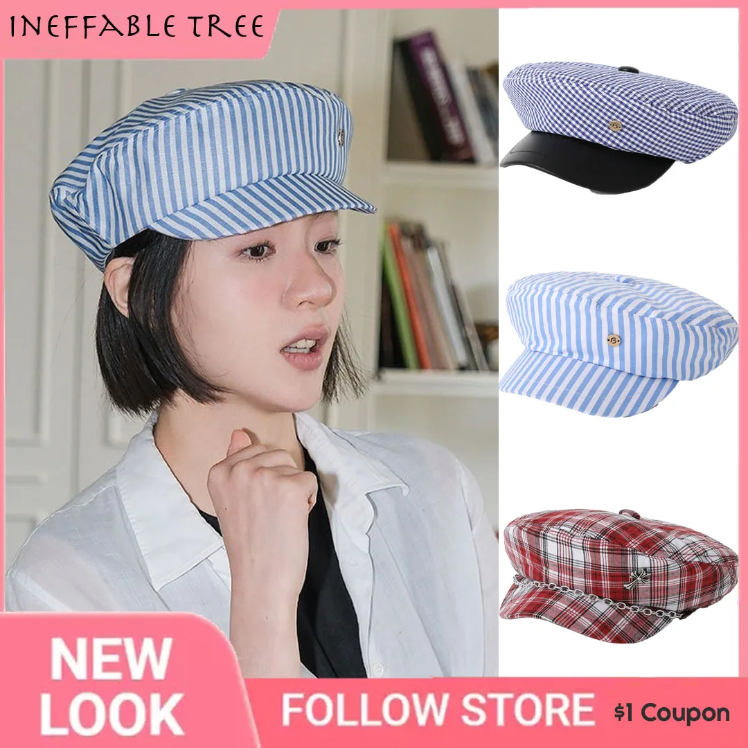 

Y2K Retro Thin Blue Striped Sailor Hats for Women Summer Travel Sunscreen Breathable Versatile PU Brim Berets Cap Boinas Gorros