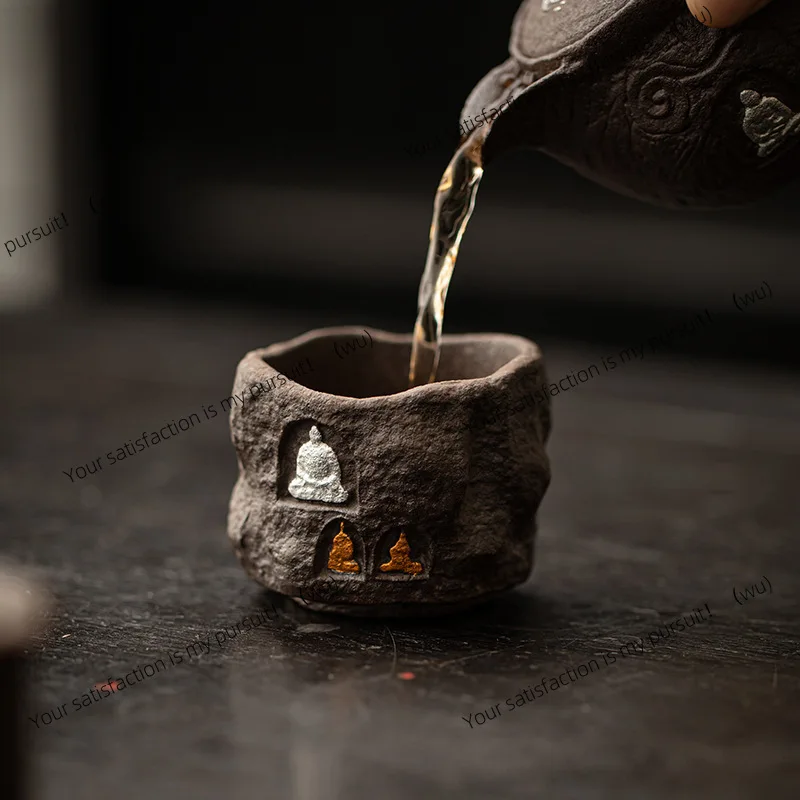 Old rock mud teacup personal special retro black pottery kung fu tea set gold and silver Chinese style master cup