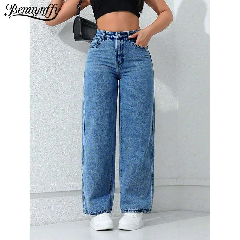 Benuynffy Women's New Vintage Loose Straight Leg Jeans 2000s Casual Streetwear High Waisted Versatile Female Wide Leg Pants