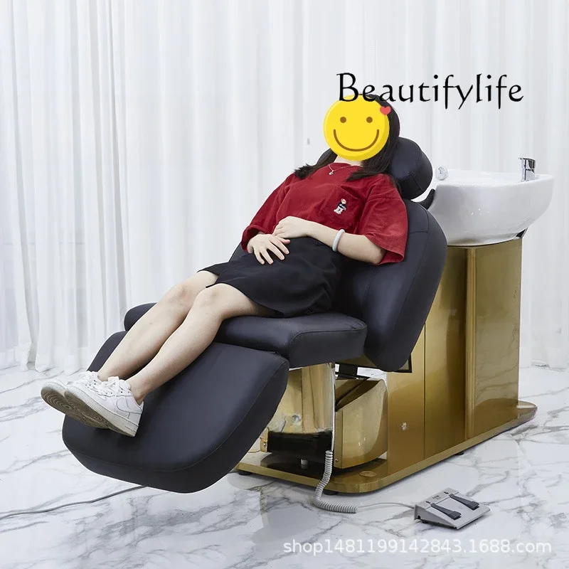 Barber Shop Lying Half Ceramic Deep Basin Rotating Flush Electric Lifting for Hair Salon Shampoo Chair