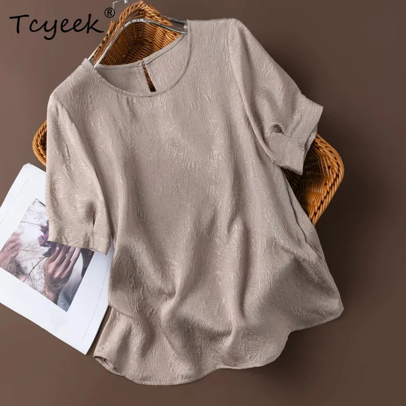 

Tcyeek 100% Real Silk Women Shirts 2026 Summer Skin-friendly Breathable Round-neck Short-sleeved Top Woman Clothes Ropa De Mujer