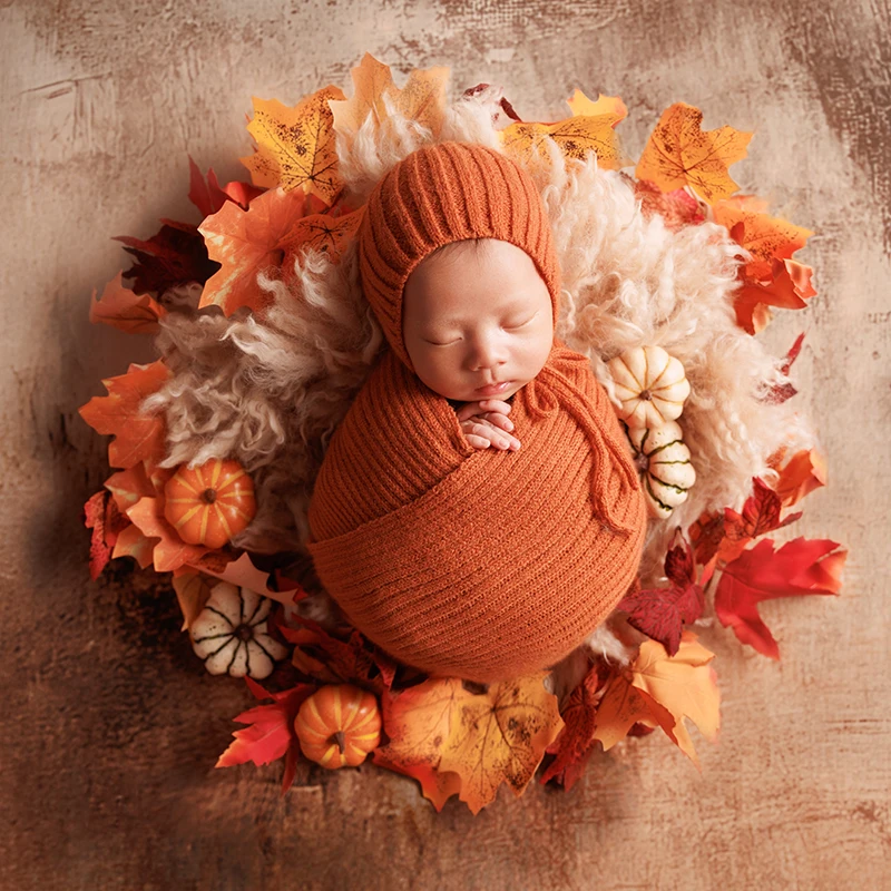 KD Newborn Photography Props Autumn Fall leaves Theme Set Knitted Wrapping Hat Cute Bear Doll Pumpkin Baby Shoot Accessories