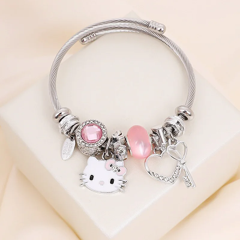 Sanrio-pulsera de Hello Kitty para mujer, adorno de mano de Anime con cuentas de diamantes rosas, joyería de moda, regalos de vacaciones, novedad