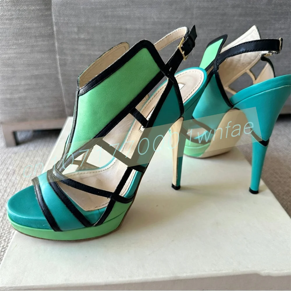 Women Cut Out High Heel Sandals Open Toe Stiletto Shoes Green Black Color Block Ankle Strap Strappy FashionParty Summer Footwear