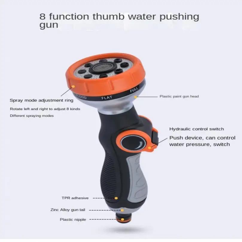 Multifunctional Durable Thumb Switch Water Sprayer, 8 Function Hand Push Water Gun