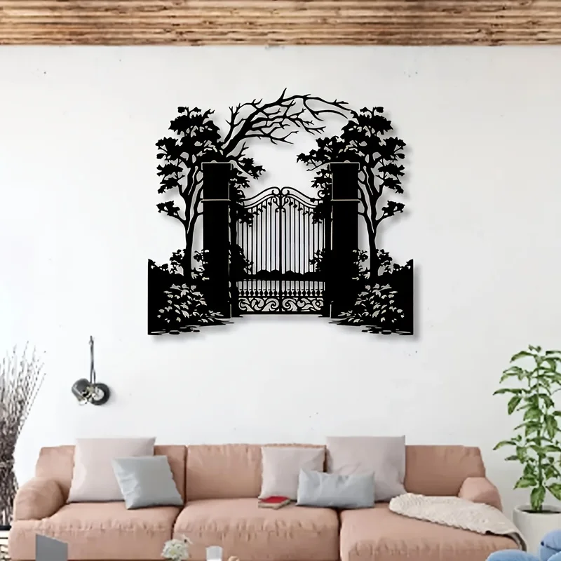 Rural garden gate metal wall art -  Black outline 1PC