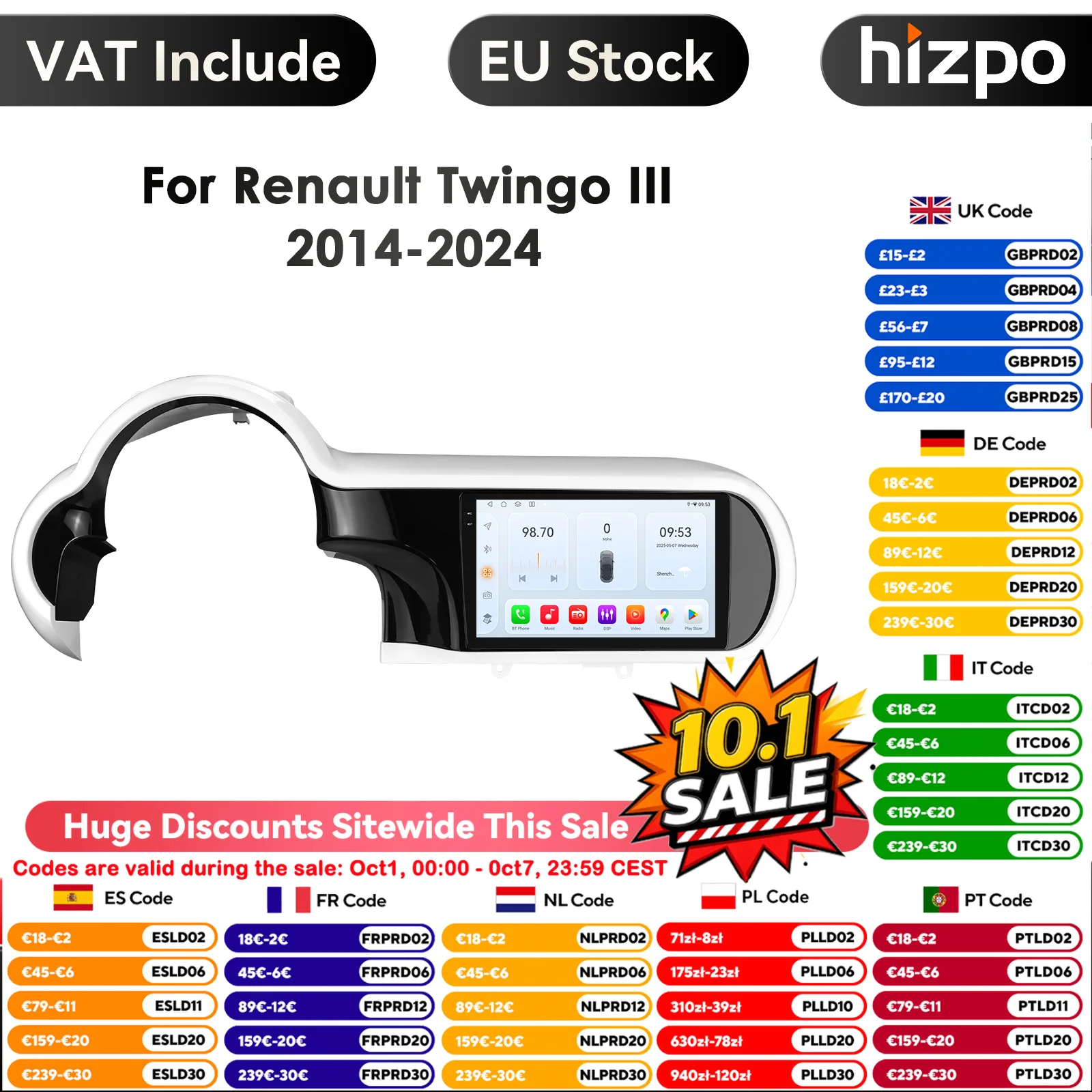 Hizpo 9 pollici Wireless Carplay Android Auto Lettore multimediale per auto per Renault Twingo III 2014-2024 Carplay 4G Autoradio 360 ° Fotocamera