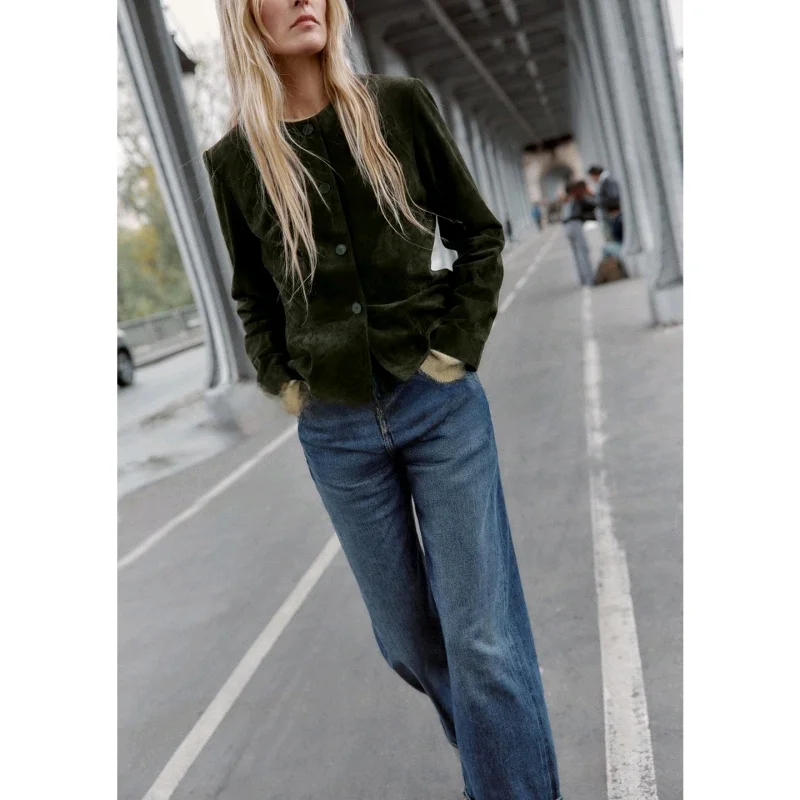 Jesienno-zimowy nowy damski płaszcz w stylu amerykańskim, okrągły dekolt, skóra PU, długi rękaw, krój A, obszycie z poliestru, styl vintage.