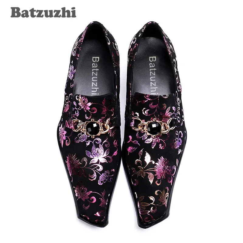 Batzuzhi Japanese Fashion Men Dress Shoes Square Toe Black Suede Business Shoes Print Flowers Party and Wedding Shoes Men, US12