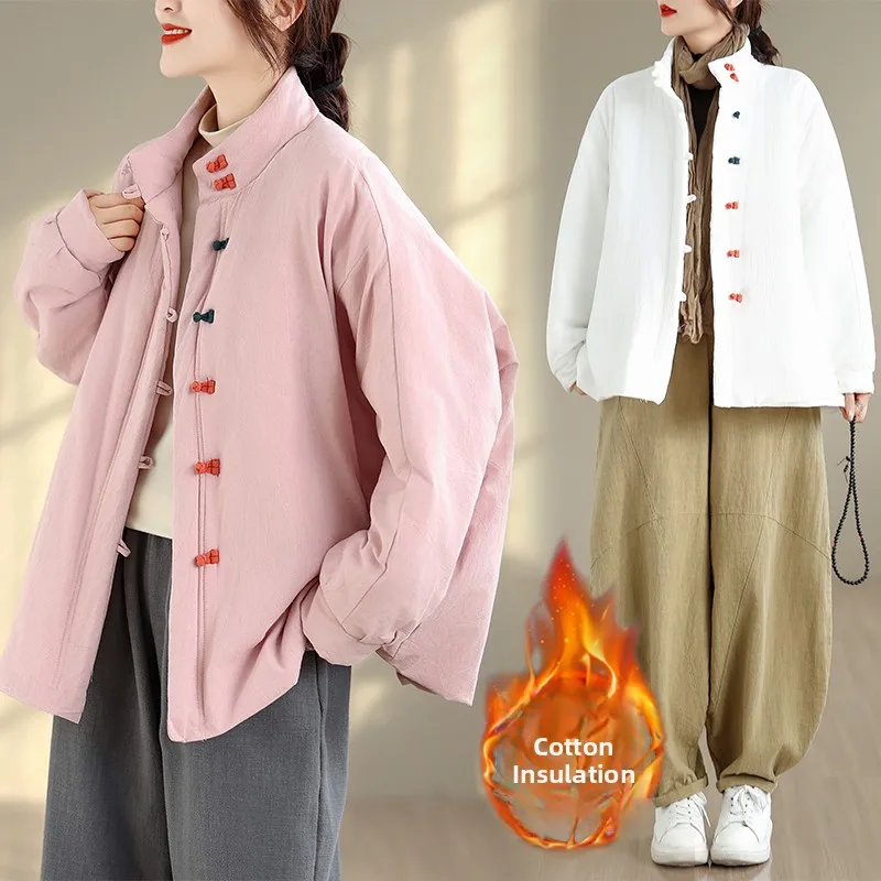 

Thiened Cotton Linen Jaet Women's Winter New Original High-end Silk Buttoned Vintage Chinese Sle Cotton Coat