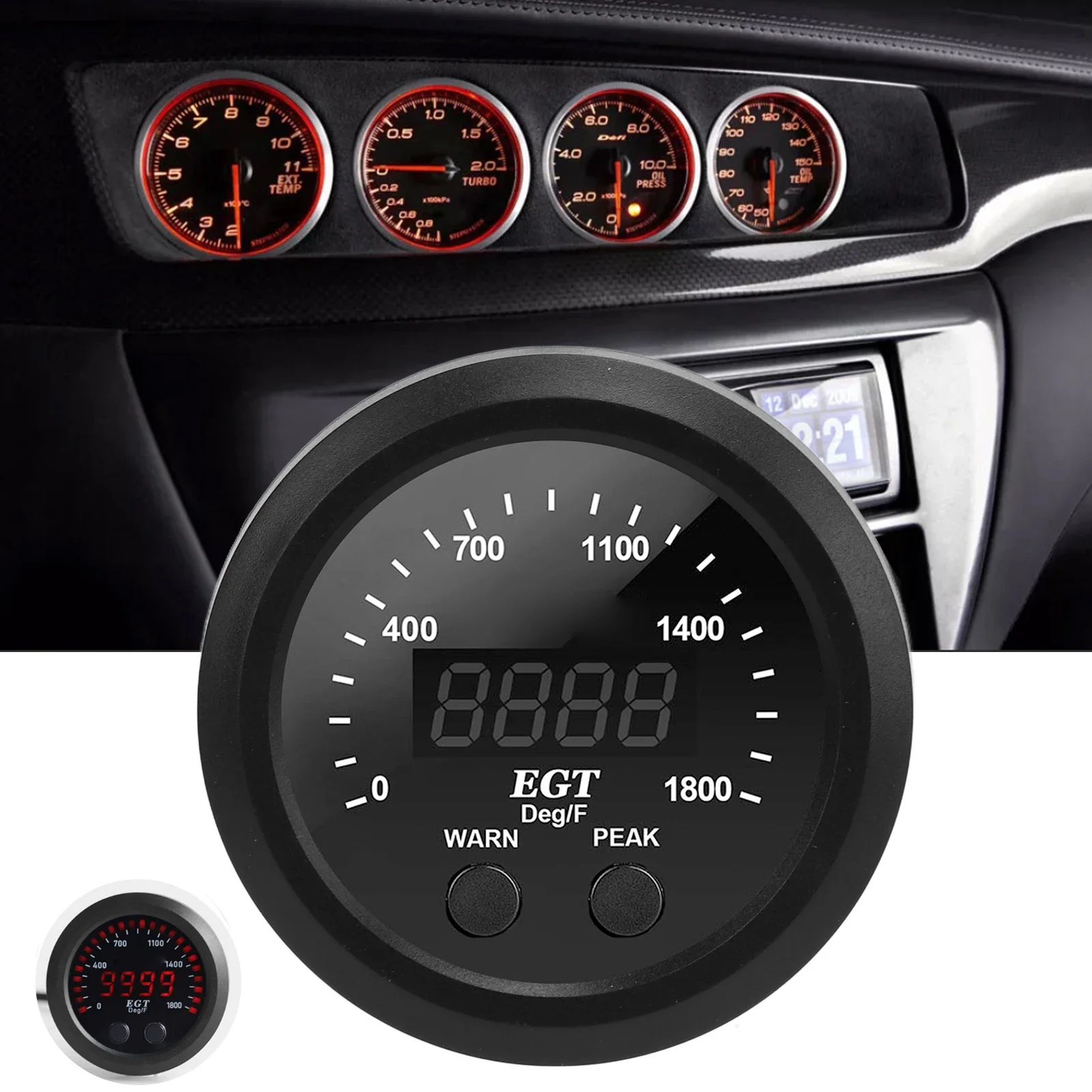 Car Exhaust Gas Temperature Gauge 2‑1/16in 52mm Ultra Thin 0‑1800℉ Red LED Universal with Sensor