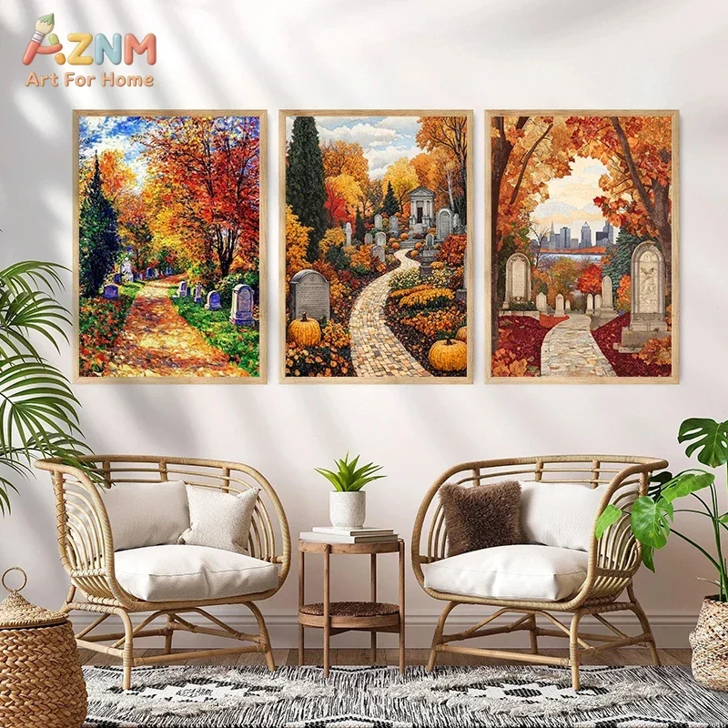 AZNM Vintage Autumn Landscape Canvas Wall Art Fall Pumpkin Maple Tree Country Town Scenery Retro Oil Painting Unframed Canvas De