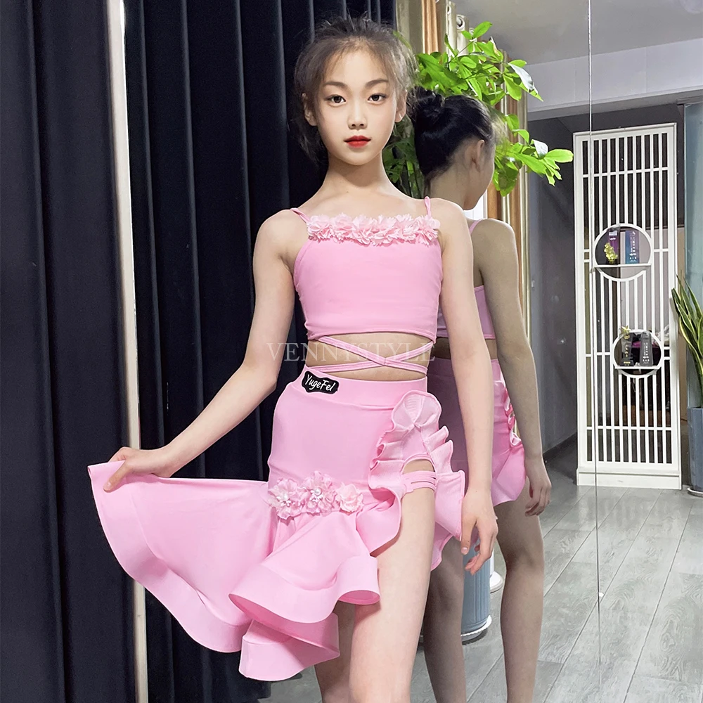 

Vennystyle Latin Dance Costume - Princess Boned Full Flared Skirt in Summer Pink, Girls' Stage Practice & Performance Wear