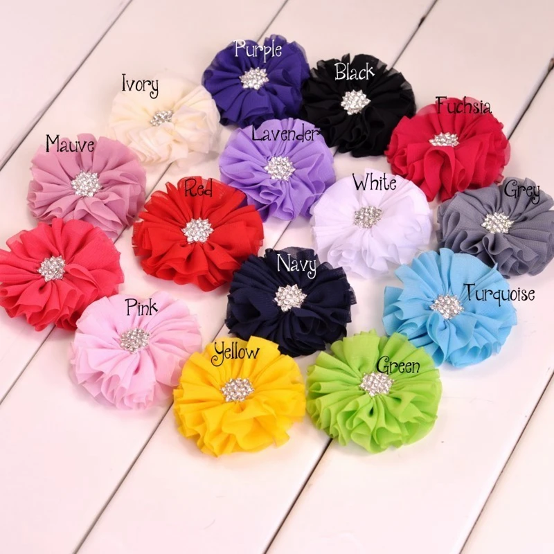 6.5cm 15colors Chic Fluffy Chiffon Flowers With Rhinestone Snow Button Artificial Fabric Flowers For Kids Headbands