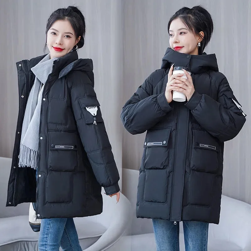 Women 2023 New Winter Long Parkas Loose Thicken Warm Hooded Puffer Coats Casual Down Cotton Jackets Snow Wear Outwear