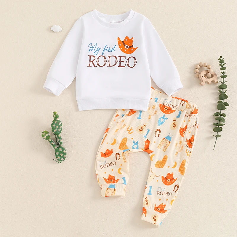 2024-07-02 Lioraitiin Toddler Pants Set Cowboy Letter Print Long Sleeve Round Neck Sweatshirt Pockets Long Pants Outfits