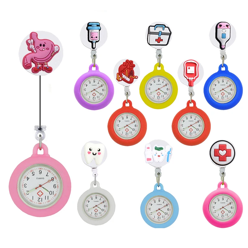 YiJia Lovely Quartz Nurse Pocket Watch Retractable Badge Reel Cartoon Medical Subject Reloj with Silicone Case for