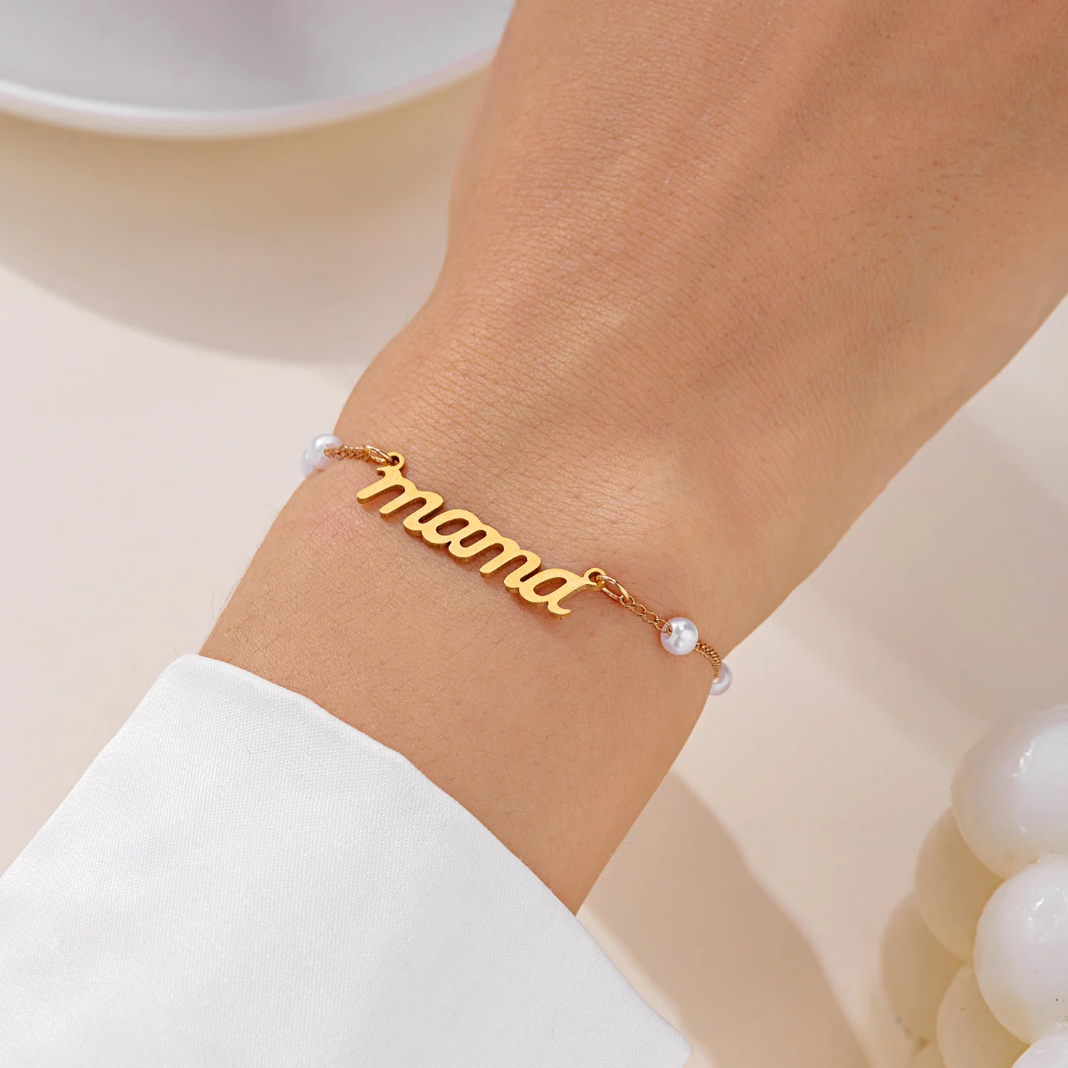 Imitation Pearl Letter Mama Pendant Bracelets Fashion Charms Stainless Steel Chains Bracelet for Women Jewelry Mother\'s Day Gift
