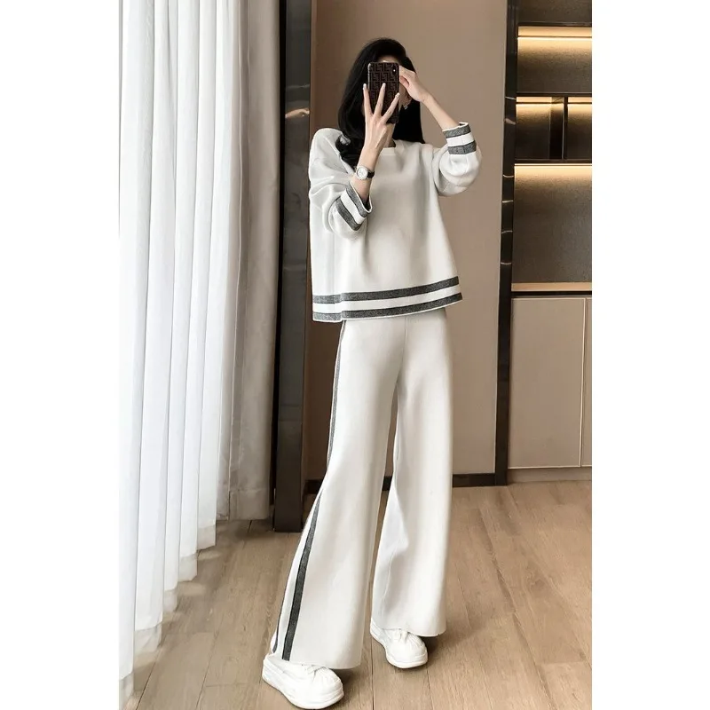 Women\'s Casual Pants Suit Sportswear Fashion Round Neck Long-sleeved Pullover Sweatshirt Loose Wide-leg Trousers 2pcs Track Suit