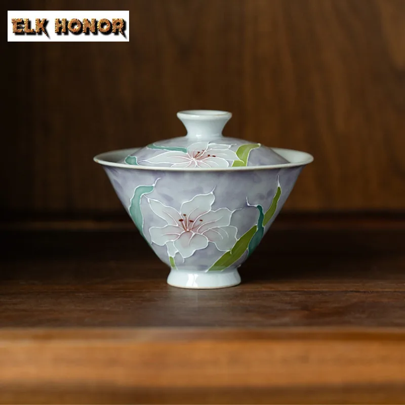 

110ml Misty Purple Pure Hand-painted Lily Gaiwan Boutique Tea Tureen Tea Bowl With Lid Kit Tea Brewing Cover Bowl Tableware Gift